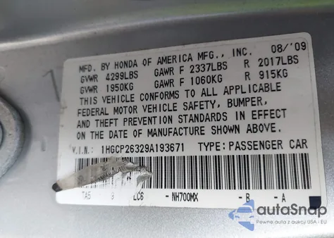 2009 Honda Accord 2.4 Lx from USA, damaged, VIN 1HGCP26329A193671